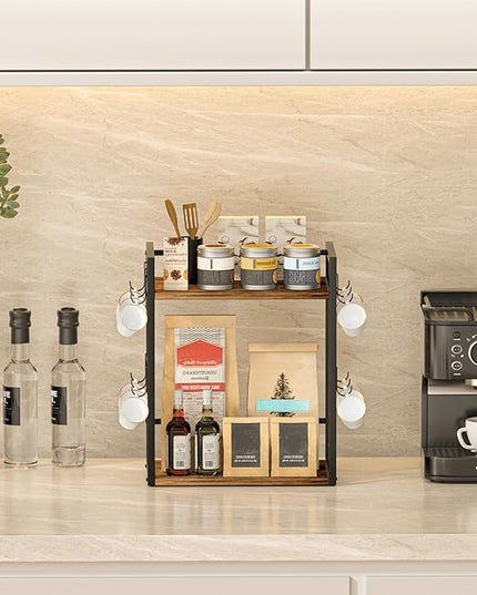 Dorhors 2 Tier Coffee Bar Accessories and Organizer,Multi-functional Mug Holder with 12 Hooks,Wood Coffee Station Organizer,Kitchen Countertop Shelf (Rustic Brown)