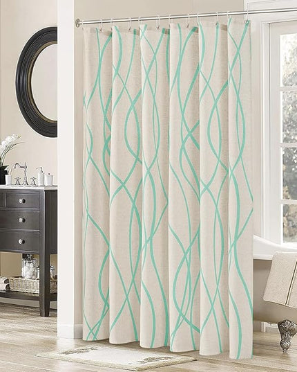 Mint Green Modern Farmhouse Linen Shower Curtain, Country Cottage Bathroom Decor Striped Minimal Boho Textured Linen Shower Curtain Set with Hooks, 72x72