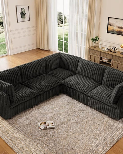 KKL Modular Sectional Couch for Living Room, V Shaped Corduroy Couches with Corner Seat, 5 Seater Oversized Sofa Convertible to Sleeper, Soft Fabric Modern Sofa, Black