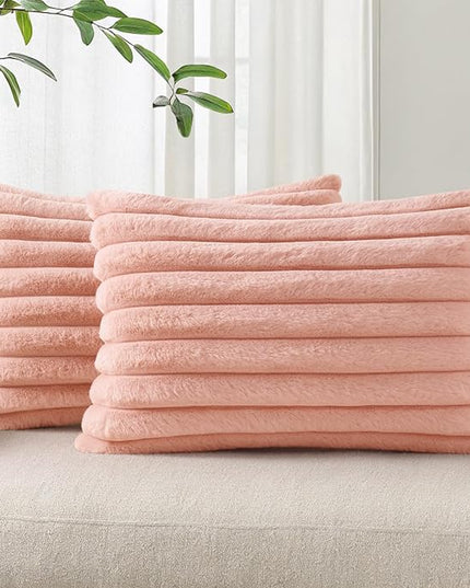 Pallene Faux Fur Plush Lumbar Throw Pillow Covers 12x20 Set of 2, Luxury Soft Fluffy Striped Decorative Pillow Covers for Sofa, Couch, Living Room, Pink