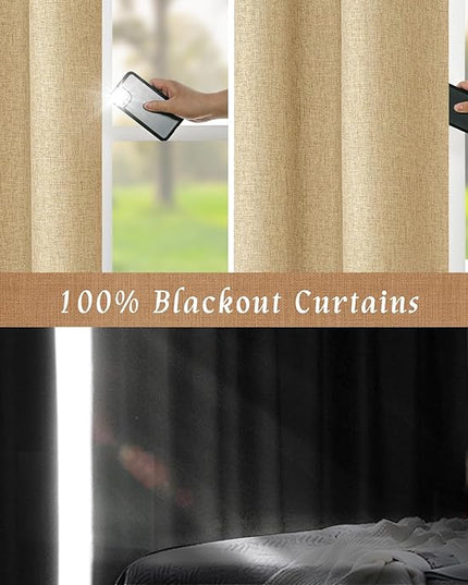 LAMIT Natural 100% Blackout Linen Curtains, 54 Inches Linen Textured Thermal Bedroom Curtains Back Tab and Rod Pocket Neutral Panels with White Liner for Farmhouse, 2 Panels, 42 x 54 Inch, Burlap