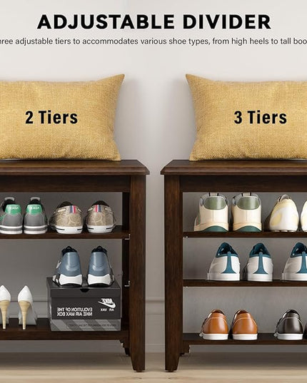 Shoe Bench Storage Rubberwood, Entryway Bench with 3-Tiers Height Adjustable, Shoe Rack Front Door Entrance Organizer for Hallway Living Room, Mudrooms, Walnut,31.5"