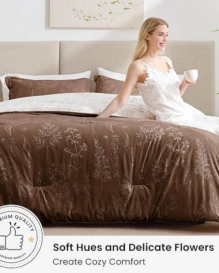 Love's cabin Chocolate Comforter Set King - King Size Comforter Set, 3 Pieces Cute Floral Bedding Sets for All Seasons,1 Soft Reversible Botanical Flowers Comforter and 2 Pillow Shams