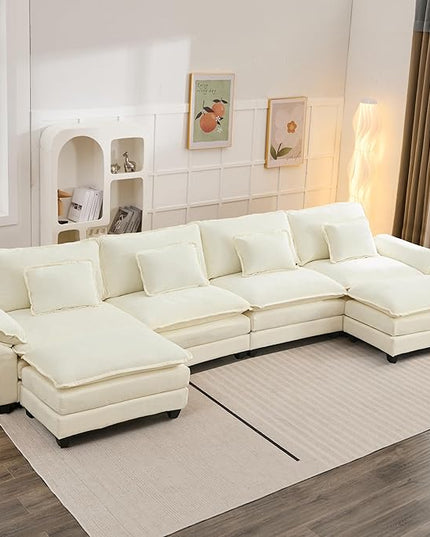 154" Modular Sectional Sofa, Comfy Cloud Couch Sectional Sofa with Ottoman, Chenille Sofa Sleeper Deep Seat Sofa with Throw Pillows for Living Room (Beige White, 154"- U Shape)