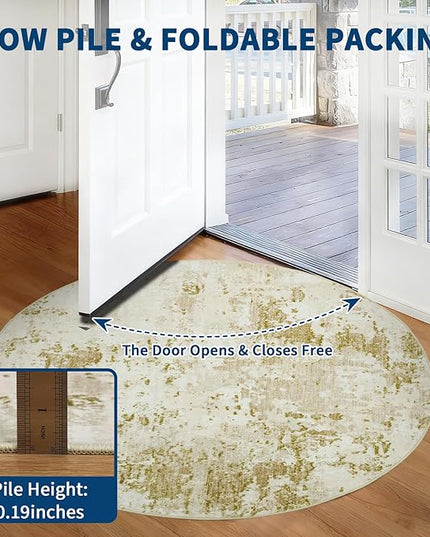 Modern Abstract 4x4 Round Area Rug Non Slip Non Shedding Rug Low Pile Stain Resistant for Bedroom Living Room Office Dining Room,Golden Grey