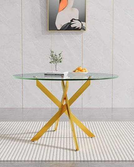 47.24" Round Glass Dining Table Modern Kitchen Glass Top Table for 6 with Gold Metal Legs, Clear Dining Table Kitchen Table for Home Office Dining Room