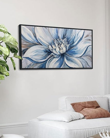 Pogusmavi Blue Floral Wall Art for Living Room - Large Textured Flower Pictures for Bedroom - Canvas Paintings, Extra Large Blue and White Wall Decor Dining Room Artwork for Walls 20×40IN