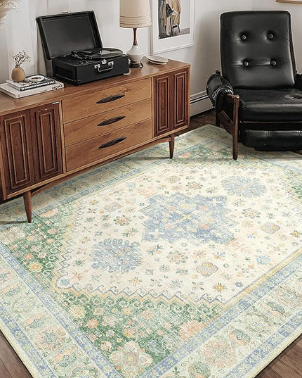 MUJOO Washable Rug 4x6.5,Boho Area Rugs for Bedroom Living Room Office Playroom,Small Non Slip Indoor Throw Carpet Low Pile Light Green and Blue