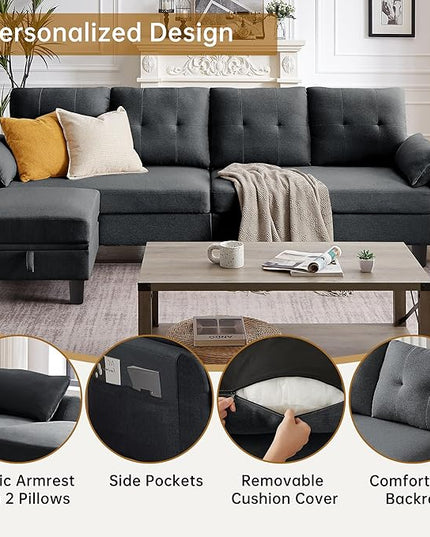 Convertible Sectional Sofa,Modern 4-Seat L Shaped Couch with Storage Ottoman,Linen Fabric Sofa Set for Living Room, Dark Gray
