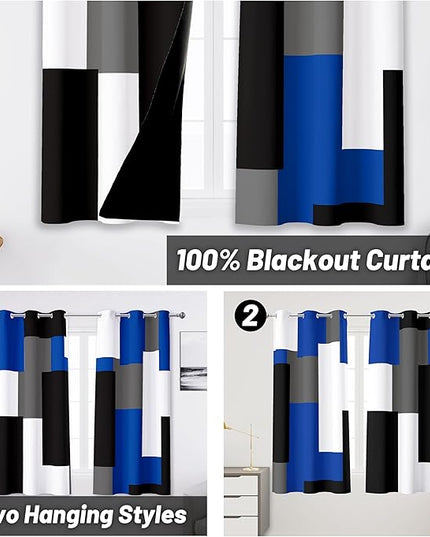 Blue Gray 100% Blackout Curtains 45 inch Length 2 Panels Set White Grey Modern Abstract Geometric Drapes for Kitchen Black Out Curtains Insulated Room Darkening Small Window Curtains, 42Wx45L