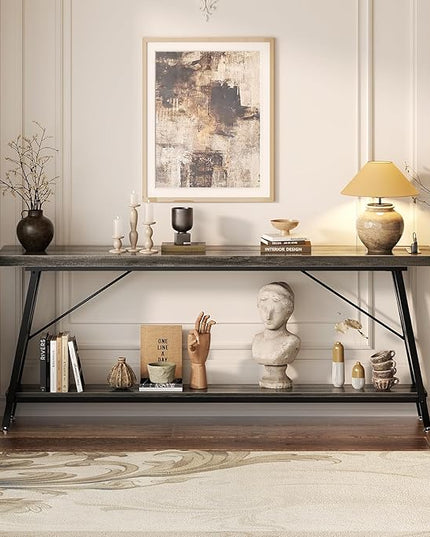 Homieasy 70.9 Inch Extra Long Console Table, Industrial Sofa Table Behind Couch with Charging Station & Storage Shelf, Entryway Table for Living Room & Entryway, Grey Oak