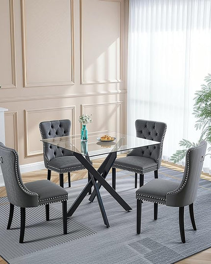 5 Piece Square Glass Dining Table Set for 4, Modern Dining Room Table and Chairs Set, Tempered Glass Top Kitchen Table with 4 Velvet Chairs, Space Saving Dining Set for Small Apartment or Home