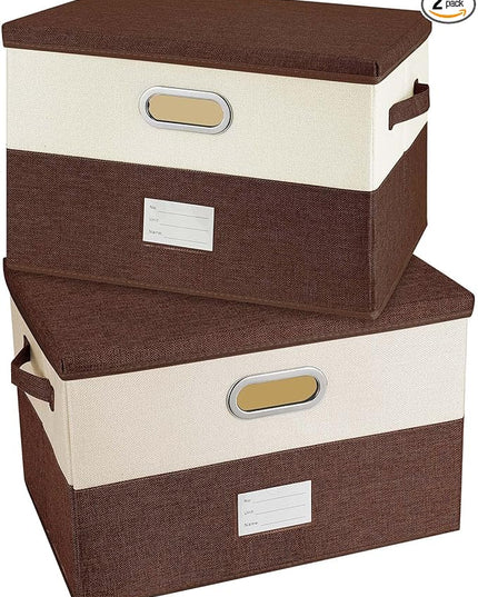 Large Linen Fabric Foldable Storage Bins with Removable Lid and Handles, Washable Storage Box Organizer Containers Baskets Cube with Cover for Bedroom,Office (Coffee&Cream, Large(2-Pack))