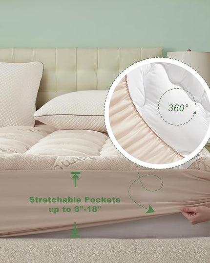 BEDLORE King Mattress Topper Viscose Derived from Bamboo, Thick Pillow Top Mattress Pad with Stretchable Pockets for 6"-18" Mattress, Soft Breathable Mattress Topper for Back Pain Relief(Beige)