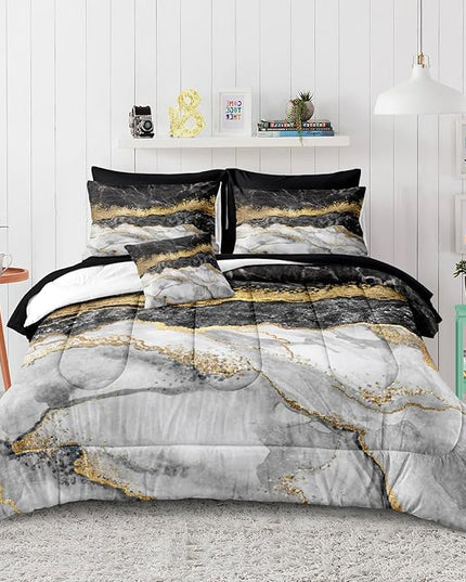 Bedbay Black and Gold Cal King Comforter Set with Sheet 8 Pieces Black Gold Marble Comforter California King Bedding Set Gold Metallic Marble Texture Modern Bed Set (Black Gold,Cal-King)
