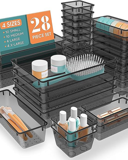 28 PCS Clear Plastic Drawer Organizers Set, 4 Size Desk Drawer Organizer Trays for Makeup, Jewelry, Kitchen Utensils, Gadgets and Office Accessories, Black