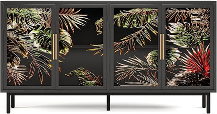 GDFStudio 60.3" Retro Buffet Sideboard Cabinet with 4 Glass Doors, Modern Glazed Painting Art Storage Cabinet Console Table, Artistic Tropical Glass Credenza Buffet for Living Room Dining Room, Black
