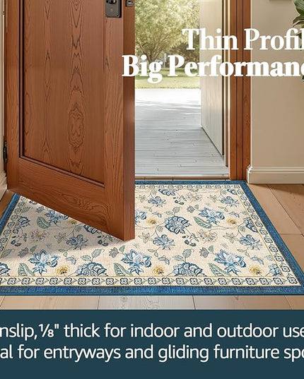 jinchan Elora 2x3 Floral Rug for Entryway Washable Rug Vintage Romance Design Small Mat Non Slip Indoor Doormat Lightweight Low-Profile Throw Carpet for Entrance Bathroom Laundry Room, Blue/Beige