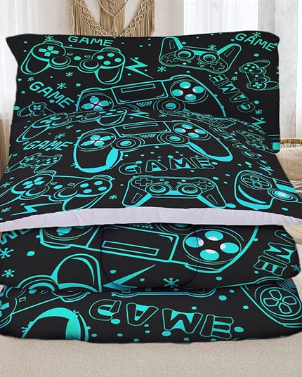 Sunnycitron Black Green Gamepad Gamer Comforter Set for Boys Gaming Bedding Set Teens Game Room Decor Queen (1 Comforter + 2 Pillowcase)