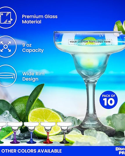 DISCOUNT PROMOS 10 Margarita Glasses Set, 9 oz. - Personalized Text, Logo - Classic, Smooth, Barware, Glassware - Clear