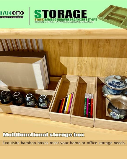Stack Bamboo Drawer Organizer Set of 5, Kitchen Utensil, Flatware&Silverware Organizer-Wood Laminated Stackable for Kitchen, Bedroom, 13.4''x4.5''*2+10.2''x3.3''*2+10.2''x6.7''*1