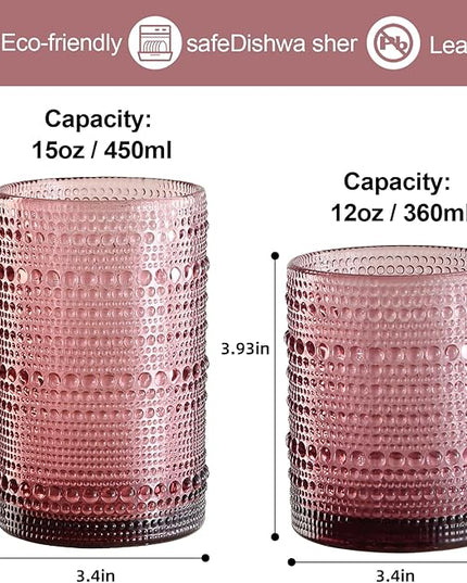 Vintage Glassware Drinking Glasses Set of 12,Purple 12oz & 15oz Hobnail Glass Cups,Embossed Water Tumbler,for Beer,Cocktail,Whiskey,Juice and Various Mixed Drinks- 1 Cleaning Brush