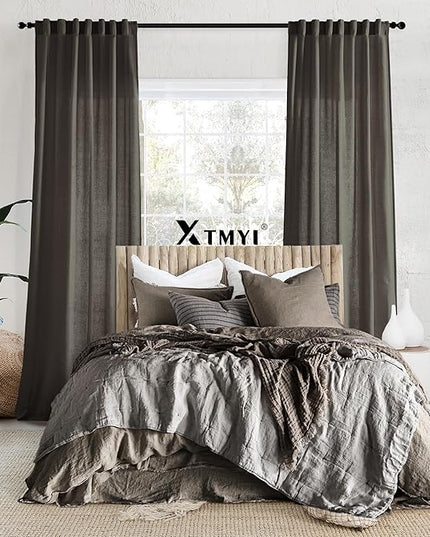 XTMYI Brown Curtains 84 Inch Length 2 Panels Set for Living Room,Linen Semi Sheer Light Filtering Rustic Farmhouse Curtains Drapes 84 Inches Long