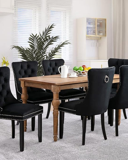 SoarFlash Velvet Dining Chairs Set of 6, Tall Back Side Chair, Modern Upholstered High-end Tufted Side Chair with Button Back Ring, Solid Wood Legs (Black)
