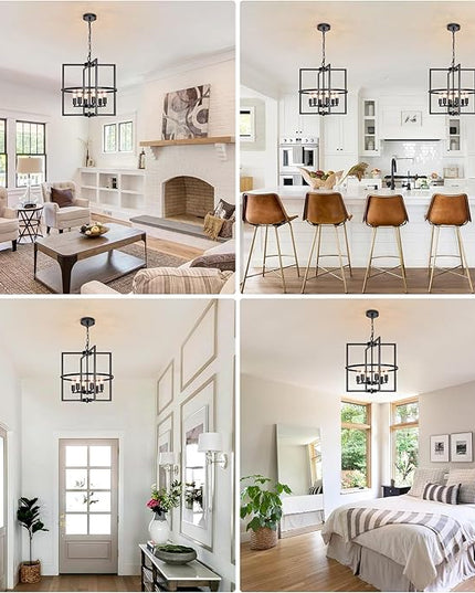 6-Light Black Chandelier, 17.72“ Geometric Dining Room Light Fixture, Large Modern Chandelier, Hanging Industrial Metal Chandelier for Foyer Entryway Kitchen Hallway Living Room