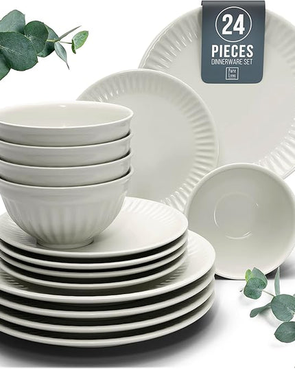 Stoneware Dinnerware Set for 8 People HYGGE 24-Piece - Elegant Scandi Design - Premium Dish Set - Bowl and Plate Set - Tableware for 8 People in a Ribbed Design - Pure Living in Beige