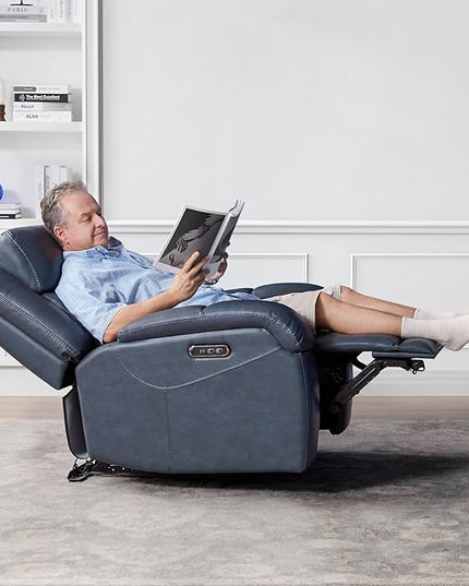 Watson & Whitely Genuine Leather Power Recliner Chairs for Adults, Wall Hugger RV Recliner with Power Headrest & Charging Ports, Electric Recliner Sofa Chair for Living Room, Navy