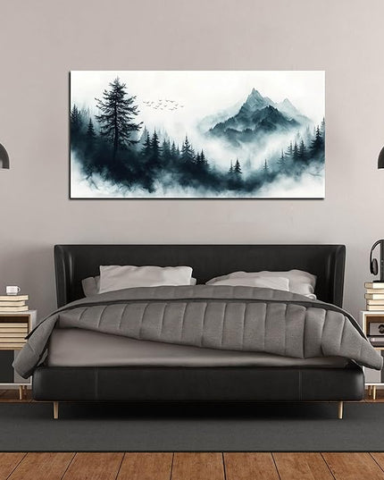Foggy Forest Wall Art White Wall Decor Black Canvas Mountain Pictures Large Nature Artwork for Living Room Bedroom Dining Room Office 29" x 59"