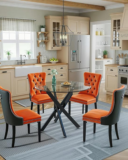5 Piece Round Glass Dining Table Set for 4, Modern Dining Room Table and Chairs Set, Tempered Glass Top Kitchen Table with 4 Velvet Chairs, Space Saving Dining Set for Small Apartment or Home