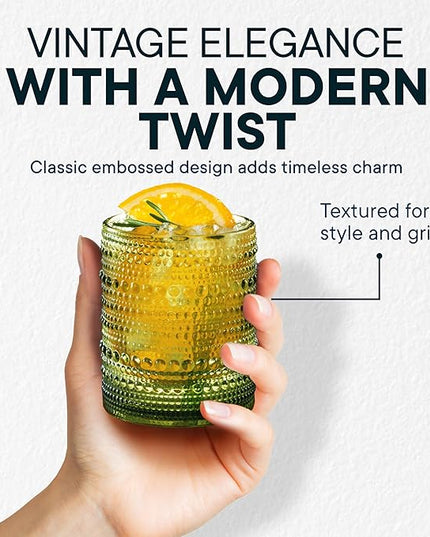12 OZ Hobnail Drinking Set of 12 – Vintage Embossed Glassware, Textured Tumblers for Water, Beer, Cocktails, Mocktails, Whiskey & More – Includes Straws and Coasters – Green
