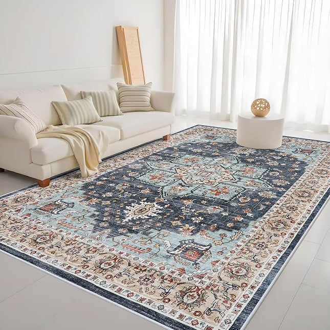 Washable Oriental Area Rug - 9x12 Rugs for Living Room Soft Carpet for Bedroom Waterproof Floral Distressed Indoor Stain Resistant Non-Shedding Floor Carpets (Blue/Teal/Orange, 9x12)