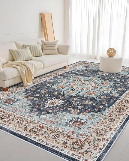 Washable Oriental Area Rug - 10x14 Rugs for Living Room Soft Carpet for Bedroom Waterproof Floral Distressed Indoor Stain Resistant Non-Shedding Floor Carpets (Blue/Teal/Orange, 10X14)