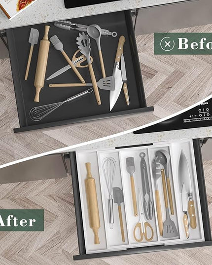 Utensil Organizer for Kitchen Drawers - Bamboo Silverware Tray Expandable 5 Slots Drawer Organizer for Office and Pantry Supplies W13.7-19.9" x L17.6 X H2.5 (White)