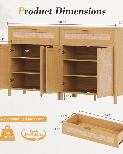 YOUDENOVA 60.3" Sideboard Buffet Cabinet, Rattan Storage Cabinet with 4 Doors & 2 Drawers, Boho Kitchen Cupboard Console with Adjustable Shelves for Dining Room, Living Room, Natural Oak