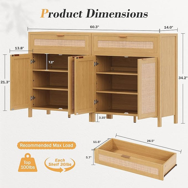 YOUDENOVA 60.3" Sideboard Buffet Cabinet, Rattan Storage Cabinet with 4 Doors & 2 Drawers, Boho Kitchen Cupboard Console with Adjustable Shelves for Dining Room, Living Room, Natural Oak