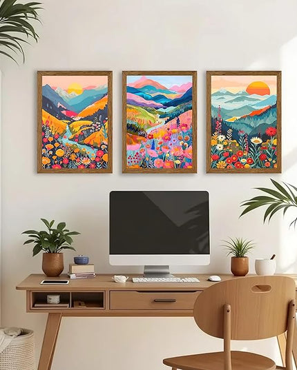 InspiredHues Colorful Mountain Boho Canvas Wall Art Set, 3 Piece Watercolor Flower Picture Wall Decor, Abstract Nature Landscape Artwork Prints for Living Room Bedroom Office 12x16 In Wood Framed