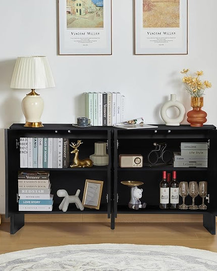 Sideboard Buffets Cabinet, Modern Accent Storage Cabinet with 4 Fluted Doors and Adjustable Shelves, Wood Credenza Buffet Sideboards, Console Table for Kitchen Dining Living Room Entryway (Black)