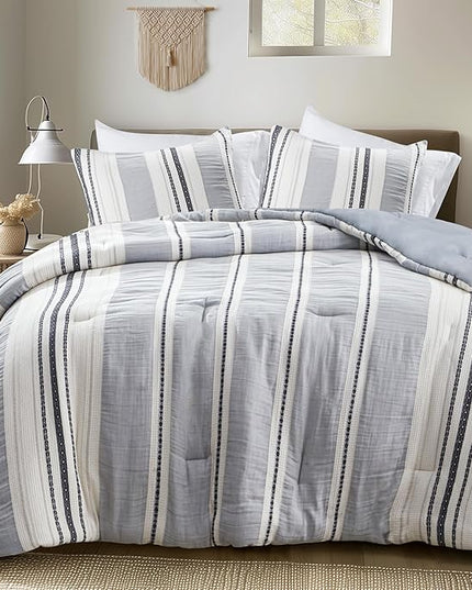 Hyde Lane Modern Farmhouse Comforter Set – King Size, 3-Piece Indigo Blue Striped Cotton Comforter with Matching Pillow Shams, Luxuriously Soft All-Season Bedding
