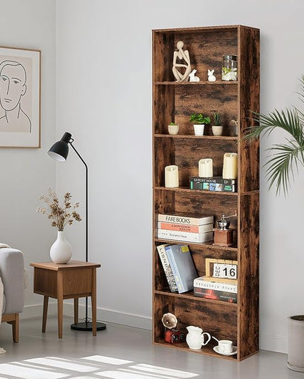 6 Tier Open Bookcase, Rustic Farmhouse Book Shelves, Spacious 6-Tier Organization for Storage, Organize Office, Durable & Resilient Build, Easy Assembly, Rustic Brown