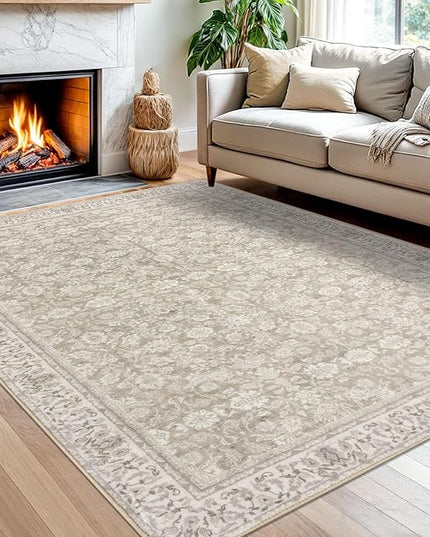 5x7 Area Rug for Bedroom, Cream Beige White Grey Large Vintage Neutral Rug with Non-Slip, Non-Shedding Washable Area Rugs for Living Room, Soft Distressed Floral Carpet for Office Home Décor