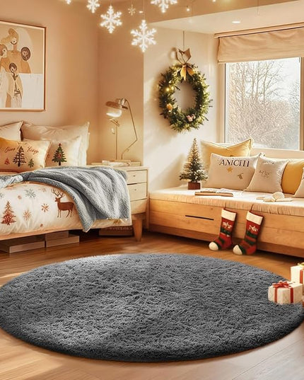 Ophanie Round Rugs 3Ft Grey Circle Area Rug,Christmas Room Decor, Aesthetic Nursery Bedroom Carpet, Fluffy Fuzzy Plush Soft Shaggy Gray Living Room Rugs for Kids Boys Girls Teen Baby Home, Dorm