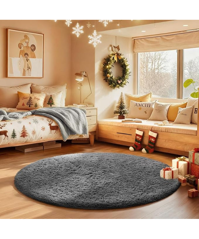 Ophanie Round Rugs 3Ft Grey Circle Area Rug,Christmas Room Decor, Aesthetic Nursery Bedroom Carpet, Fluffy Fuzzy Plush Soft Shaggy Gray Living Room Rugs for Kids Boys Girls Teen Baby Home, Dorm