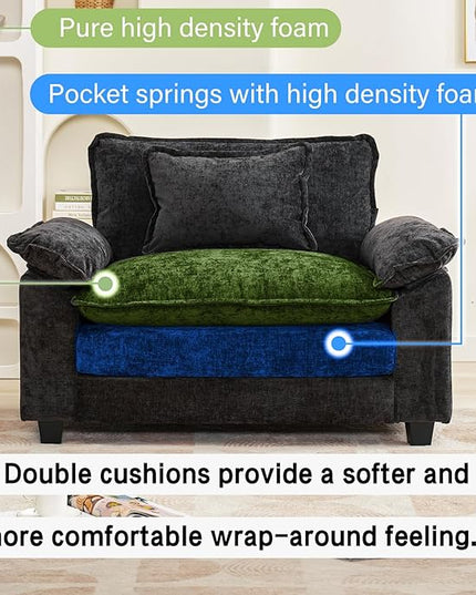 Modular Sectional Sofa, Comfy Cloud Couch Sectional Sofa, Chenille Sofa Sleeper Deep Seat Sofa with Throw Pillows for Living Room (Black, 53"- Single Seat)