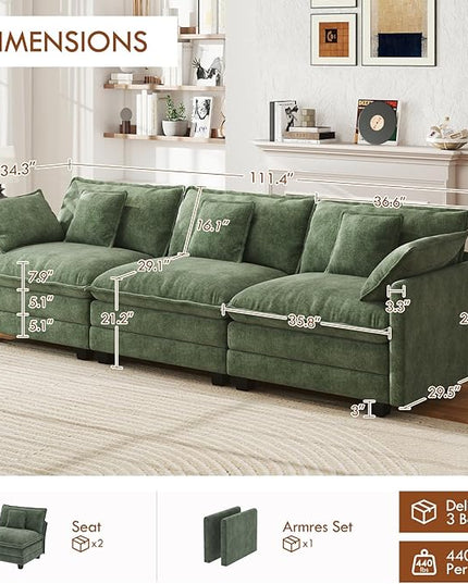 WorthFurni 111.4” Cloud Couch, Modular Sectional Sofa, Comfy Modern 3-Seater Couches with Pillows & Upholstered Deep Seat Cushion for Living Room Apartment Bedroom (Green)