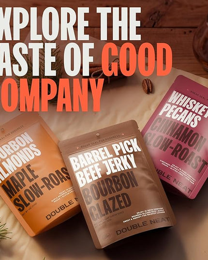 Double Neat Barrel Pick Beef Jerky, Bourbon Glazed, Sweet and Smokey, Gluten-Free, Whiskey-Infused, High-Protein, Healthy Snacks - 2 Ounces Each, Pack of 3