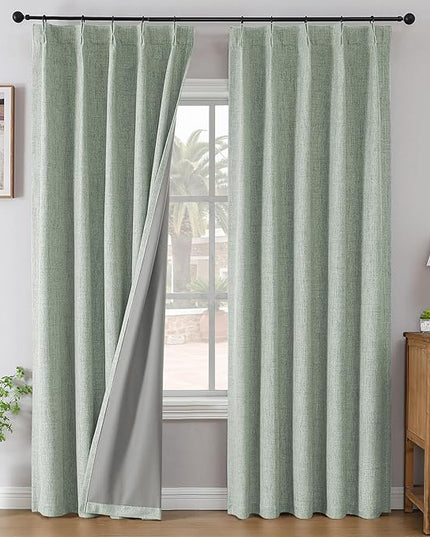 Joydeco Pinch Pleated Curtains - 100% Blackout for Bedroom, Sage Green Linen Curtains 40" W x 90" L, Thermal Insulated 2 Panels Light Blocking Drapes, Back Tabs for Living Room